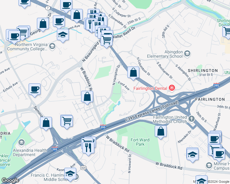 map of restaurants, bars, coffee shops, grocery stores, and more near 4561 Strutfield Lane in Alexandria