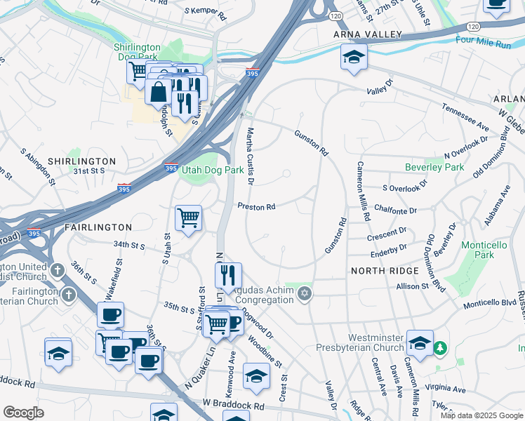 map of restaurants, bars, coffee shops, grocery stores, and more near 1742 Preston Road in Alexandria