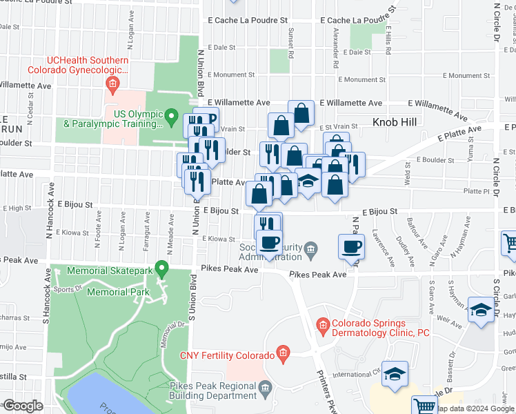 map of restaurants, bars, coffee shops, grocery stores, and more near 2020 East Bijou Street in Colorado Springs