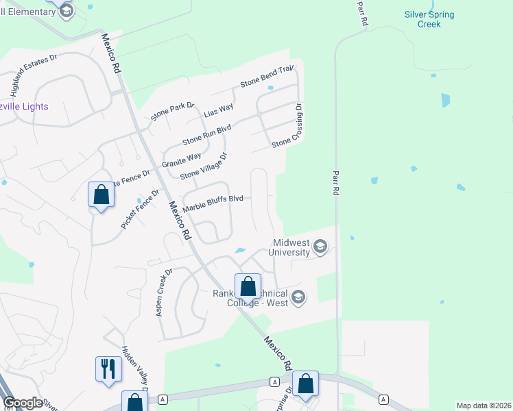 map of restaurants, bars, coffee shops, grocery stores, and more near 469 Honeysuckle Creek Drive in Wentzville
