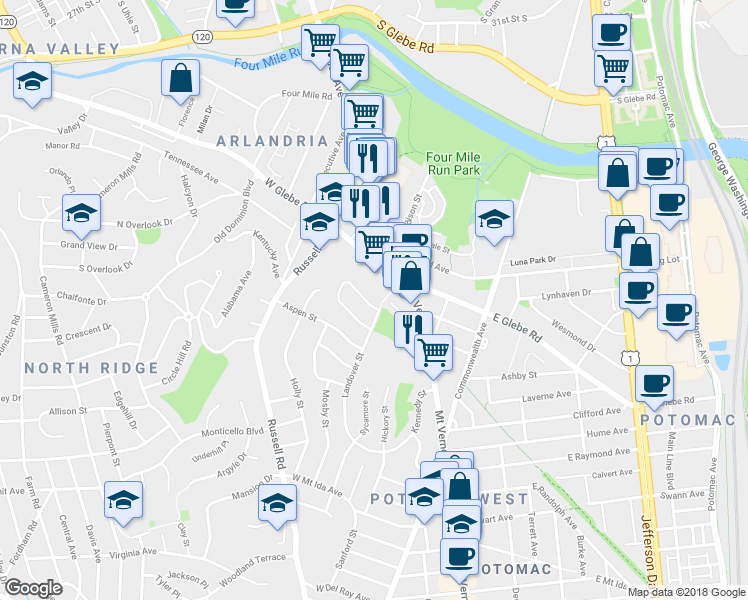 map of restaurants, bars, coffee shops, grocery stores, and more near 207 Tennessee Avenue in Alexandria