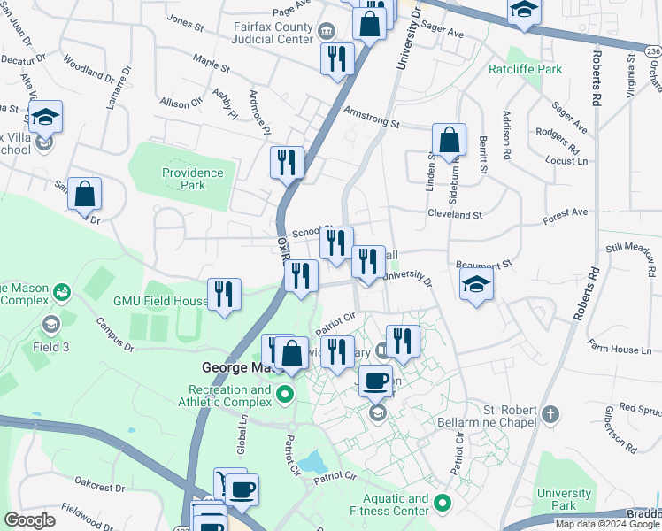 map of restaurants, bars, coffee shops, grocery stores, and more near 4436 Manor Oak Lane in Fairfax