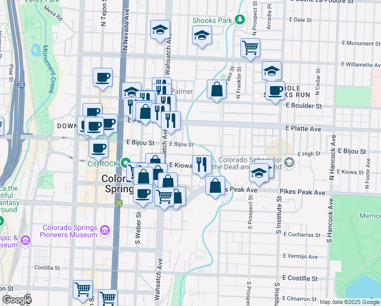 map of restaurants, bars, coffee shops, grocery stores, and more near 518 East Bijou Street in Colorado Springs