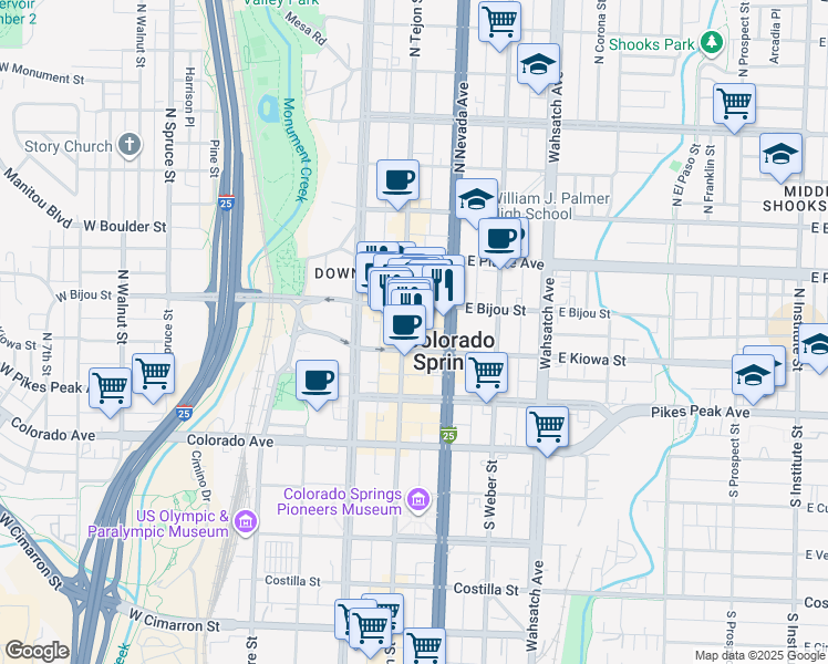 map of restaurants, bars, coffee shops, grocery stores, and more near 131 North Tejon Street in Colorado Springs