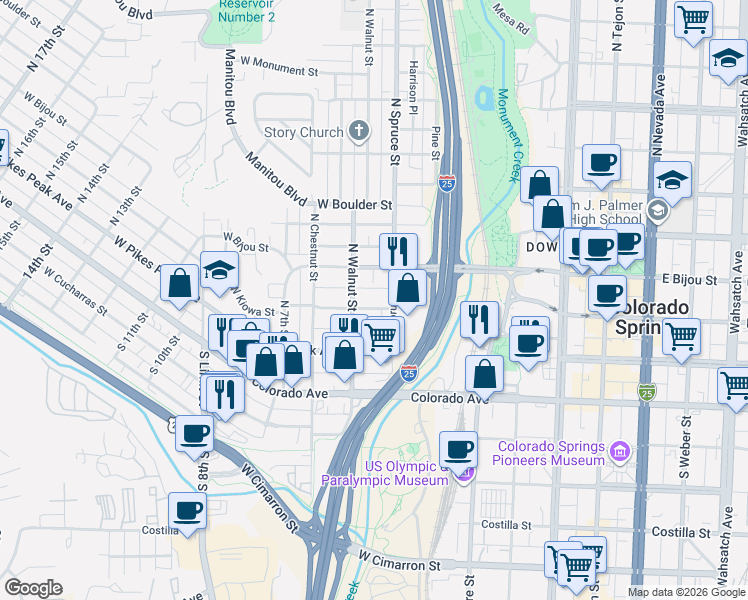 map of restaurants, bars, coffee shops, grocery stores, and more near 421 West Bijou Street in Colorado Springs