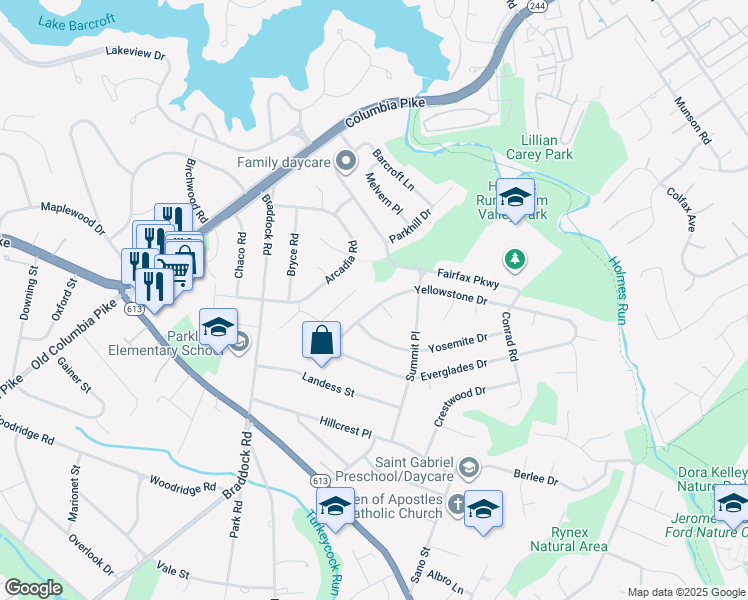 map of restaurants, bars, coffee shops, grocery stores, and more near 6300 Yellowstone Drive in Alexandria