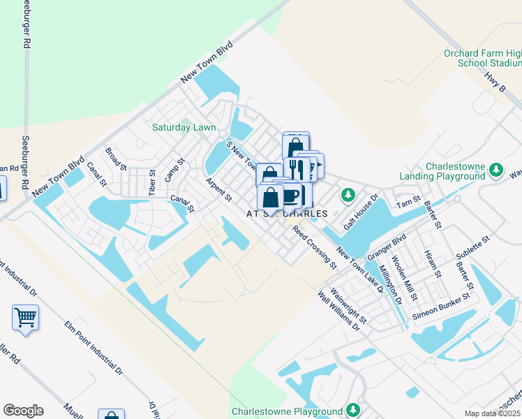 map of restaurants, bars, coffee shops, grocery stores, and more near 3248 Domain Street in Saint Charles