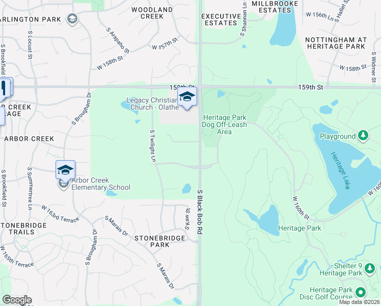 map of restaurants, bars, coffee shops, grocery stores, and more near 16090 South Black Bob Road in Olathe