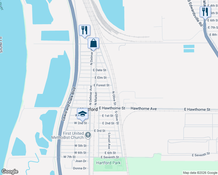 map of restaurants, bars, coffee shops, grocery stores, and more near 309 North Olive Street in Hartford