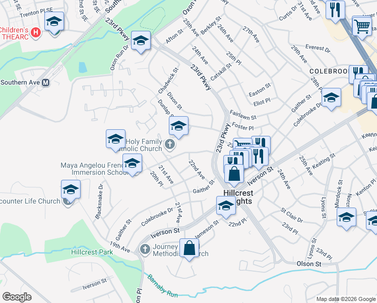 map of restaurants, bars, coffee shops, grocery stores, and more near 2210 Callaway Street in Temple Hills