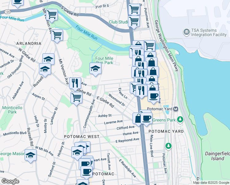 map of restaurants, bars, coffee shops, grocery stores, and more near 141 Lynhaven Drive in Alexandria