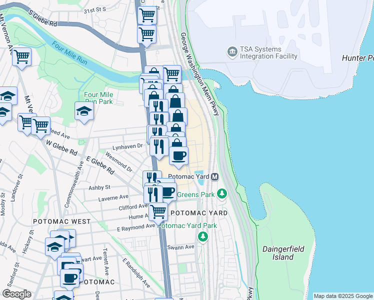 map of restaurants, bars, coffee shops, grocery stores, and more near 3000 Potomac Avenue in Alexandria