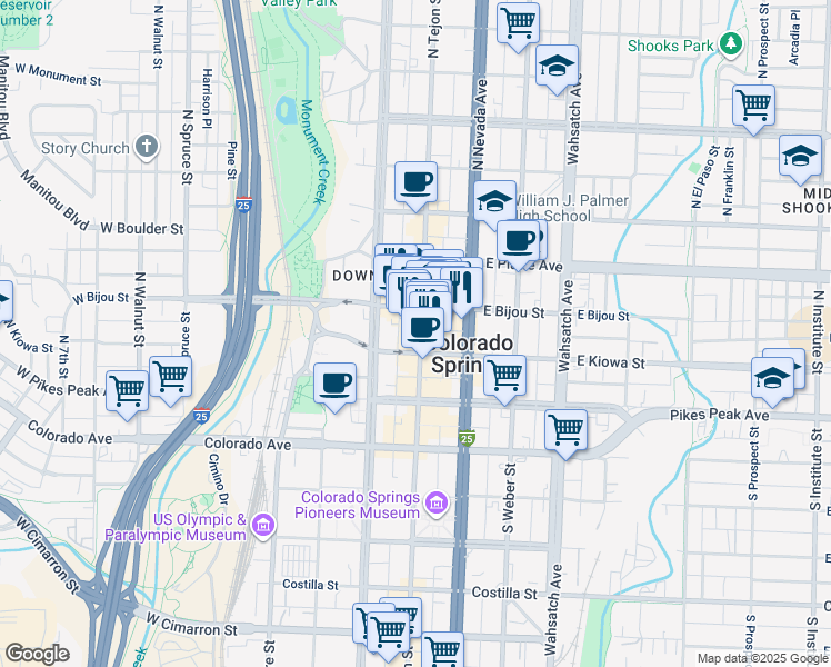 map of restaurants, bars, coffee shops, grocery stores, and more near 116 North Tejon Street in Colorado Springs