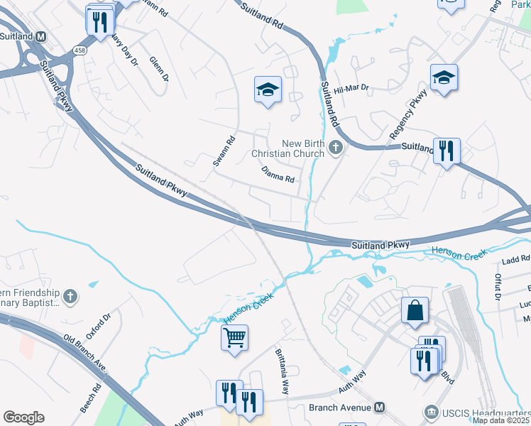map of restaurants, bars, coffee shops, grocery stores, and more near 3815 Swann Road in Suitland-Silver Hill