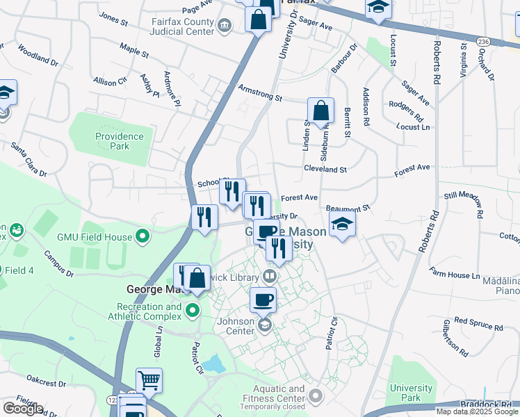 map of restaurants, bars, coffee shops, grocery stores, and more near 10507 Forest Avenue in Fairfax