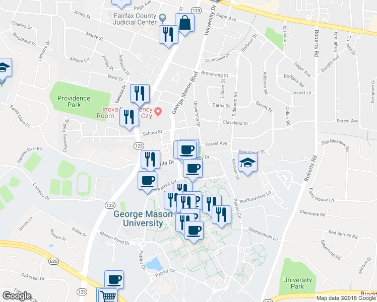 map of restaurants, bars, coffee shops, grocery stores, and more near 10507 Forest Avenue in Fairfax