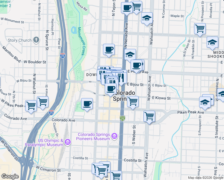 map of restaurants, bars, coffee shops, grocery stores, and more near 131 North Tejon Street in Colorado Springs