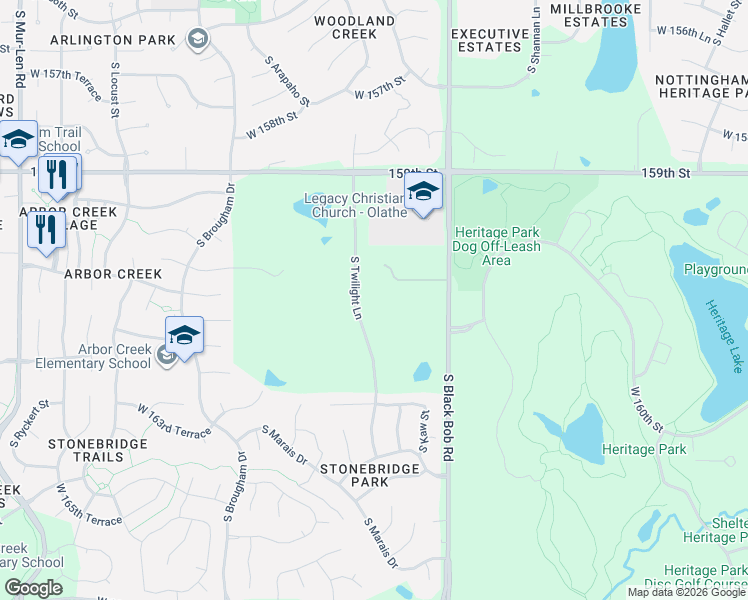 map of restaurants, bars, coffee shops, grocery stores, and more near 16090 South Lackman Road in Olathe