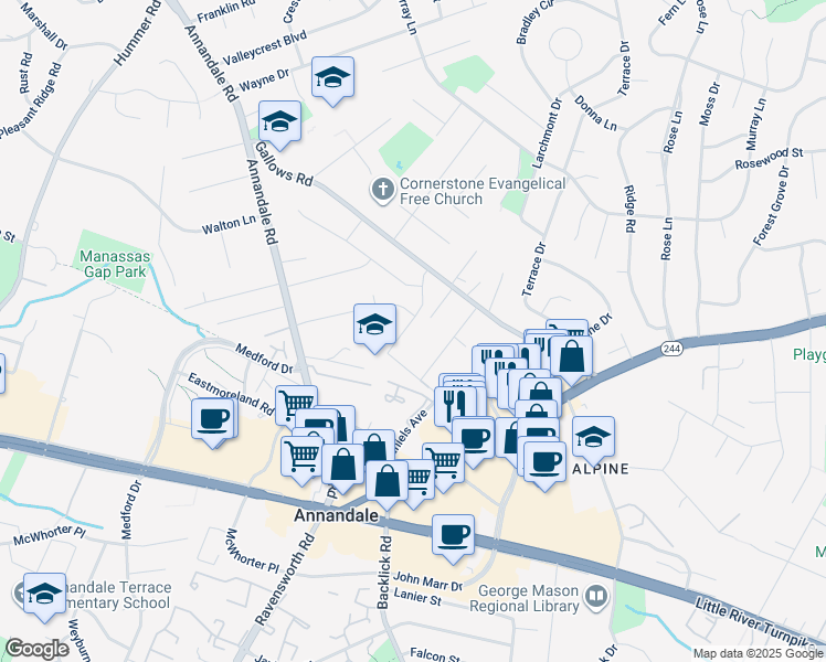 map of restaurants, bars, coffee shops, grocery stores, and more near 4017 Thornton Street in Annandale