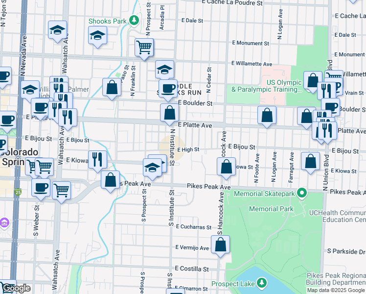 map of restaurants, bars, coffee shops, grocery stores, and more near 219 Custer Avenue in Colorado Springs