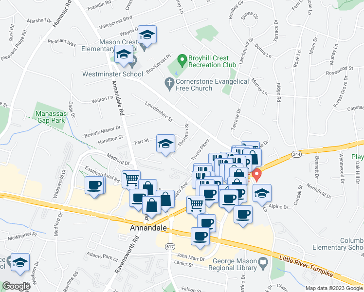 map of restaurants, bars, coffee shops, grocery stores, and more near 4017 Thornton Street in Annandale