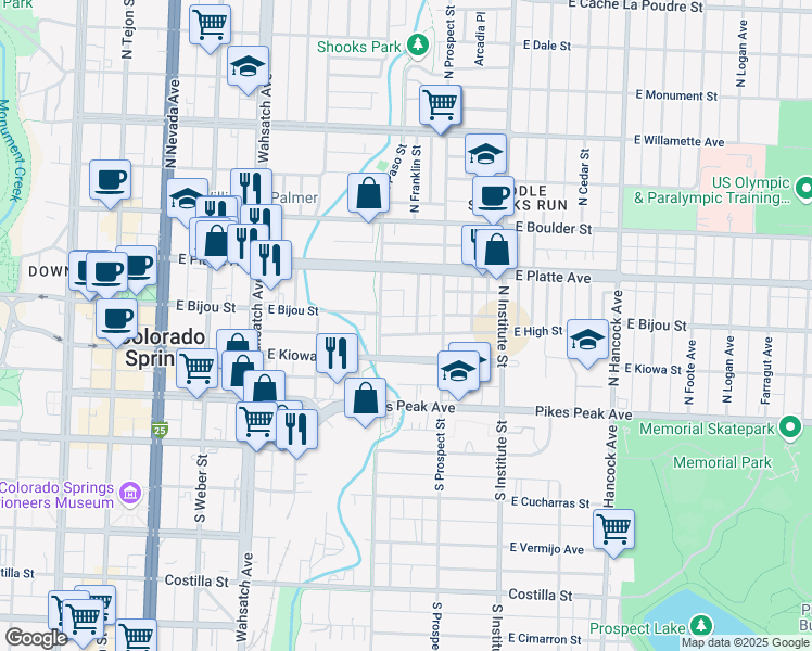 map of restaurants, bars, coffee shops, grocery stores, and more near 217 North El Paso Street in Colorado Springs
