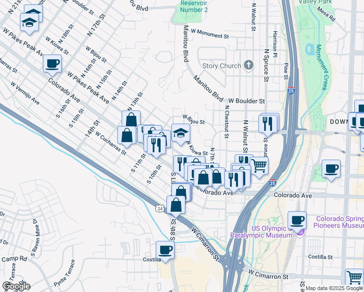 map of restaurants, bars, coffee shops, grocery stores, and more near 924 West Pikes Peak Avenue in Colorado Springs