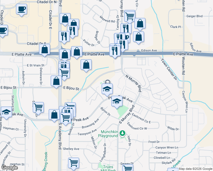 map of restaurants, bars, coffee shops, grocery stores, and more near 4220 East Pikes Peak Avenue in Colorado Springs