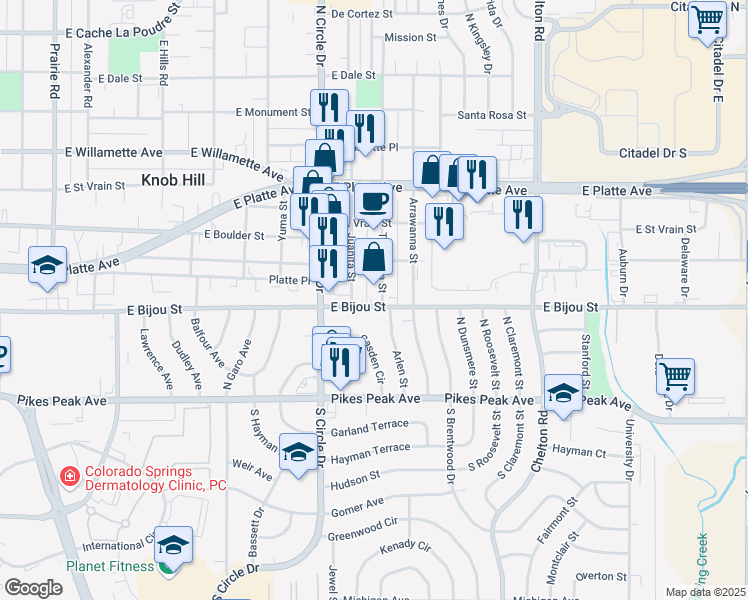 map of restaurants, bars, coffee shops, grocery stores, and more near 304 Tia Juana Street in Colorado Springs