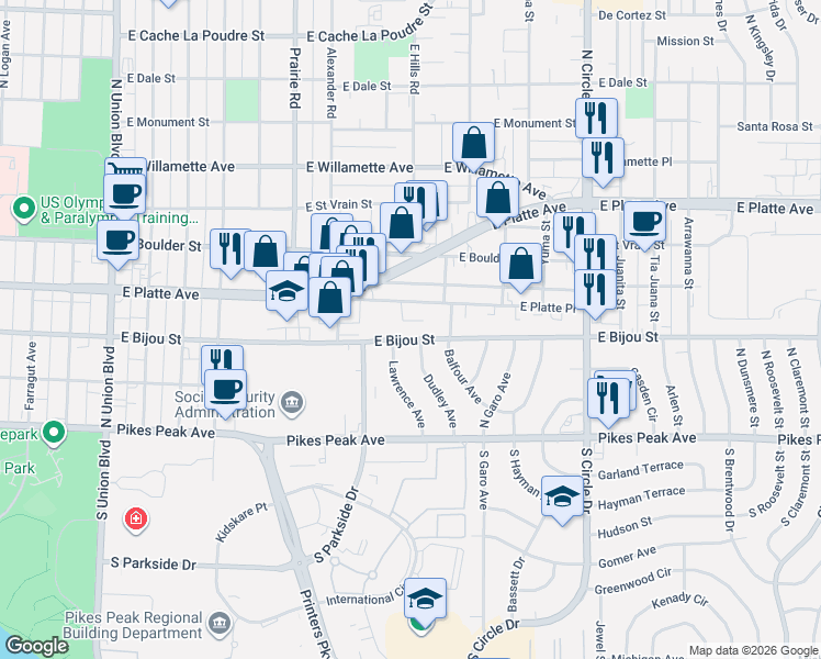 map of restaurants, bars, coffee shops, grocery stores, and more near 2431 East Platte Place in Colorado Springs