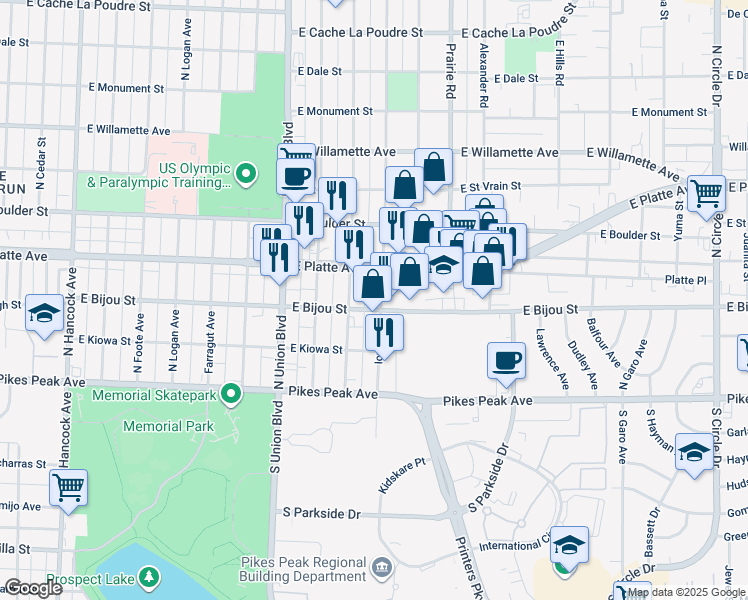 map of restaurants, bars, coffee shops, grocery stores, and more near 225 Iowa Avenue in Colorado Springs
