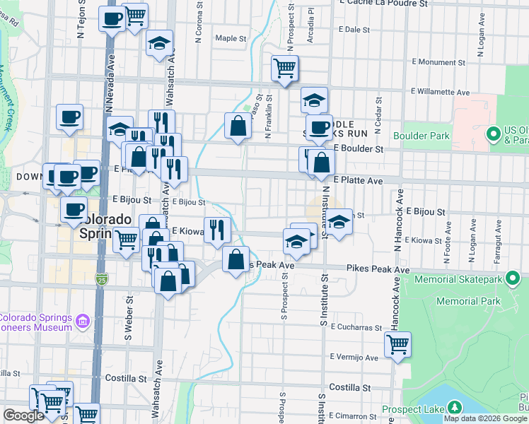 map of restaurants, bars, coffee shops, grocery stores, and more near 217 North El Paso Street in Colorado Springs