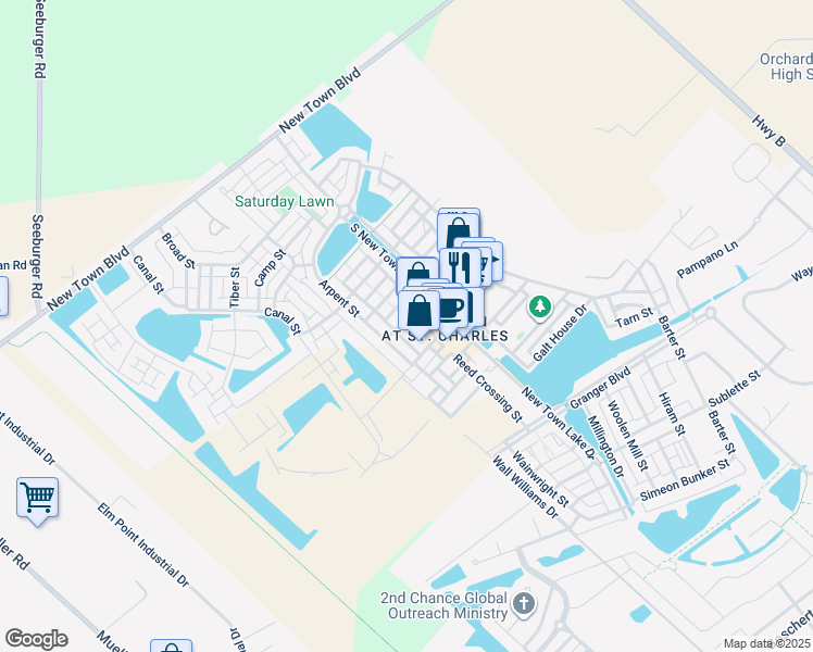 map of restaurants, bars, coffee shops, grocery stores, and more near 3248 Domain Street in Saint Charles