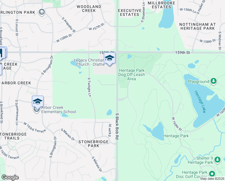 map of restaurants, bars, coffee shops, grocery stores, and more near 16090 South Black Bob Road in Olathe