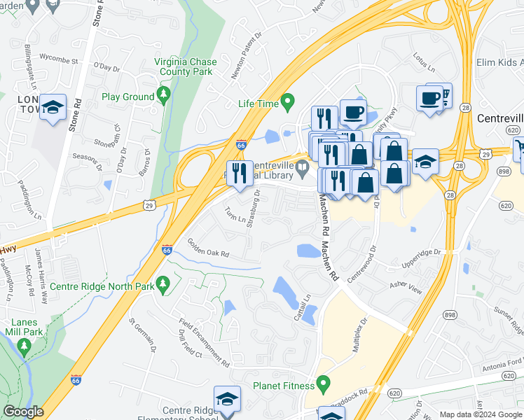 map of restaurants, bars, coffee shops, grocery stores, and more near 14380 Avocado Court in Centreville