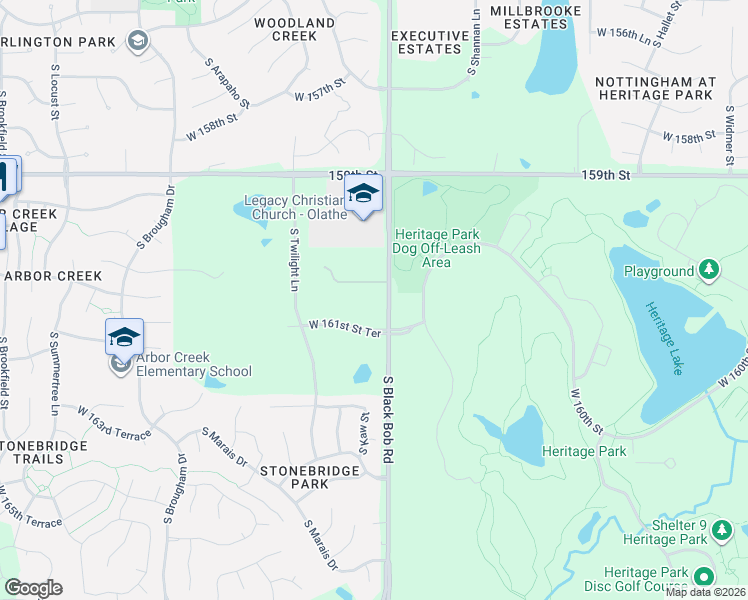 map of restaurants, bars, coffee shops, grocery stores, and more near 16090 South Black Bob Road in Olathe
