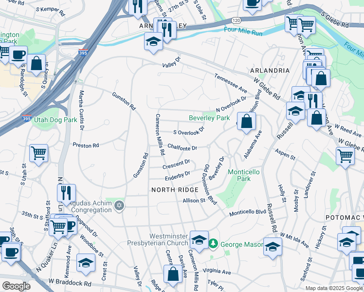 map of restaurants, bars, coffee shops, grocery stores, and more near 805 Chalfonte Drive in Alexandria