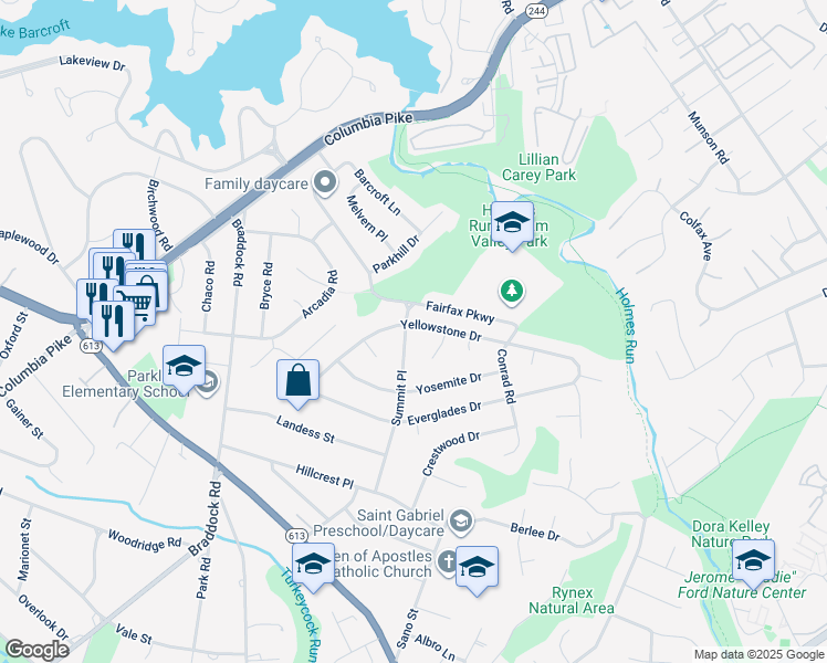map of restaurants, bars, coffee shops, grocery stores, and more near 6223 Yellowstone Drive in Alexandria
