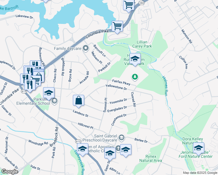 map of restaurants, bars, coffee shops, grocery stores, and more near 6223 Yellowstone Drive in Alexandria