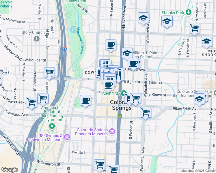 map of restaurants, bars, coffee shops, grocery stores, and more near 116 North Tejon Street in Colorado Springs