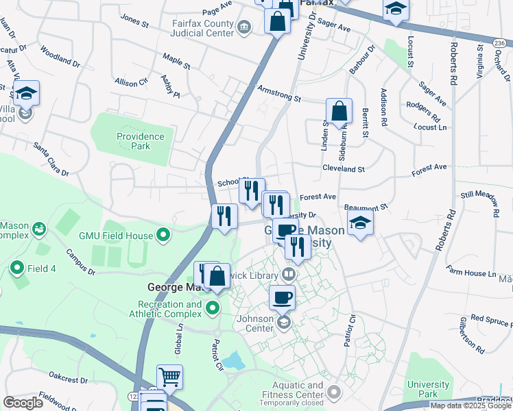 map of restaurants, bars, coffee shops, grocery stores, and more near 4424 George Mason Boulevard in Fairfax