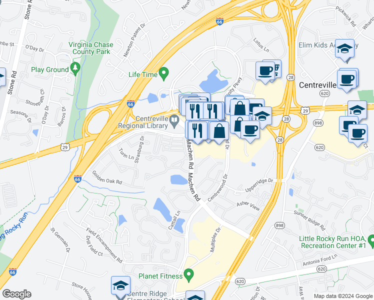map of restaurants, bars, coffee shops, grocery stores, and more near 6032B Machen Road in Centreville