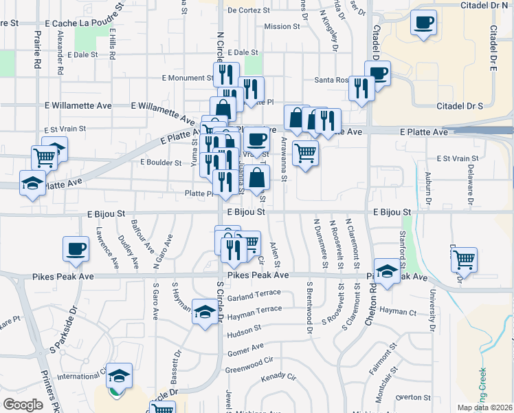 map of restaurants, bars, coffee shops, grocery stores, and more near 304 Tia Juana Street in Colorado Springs