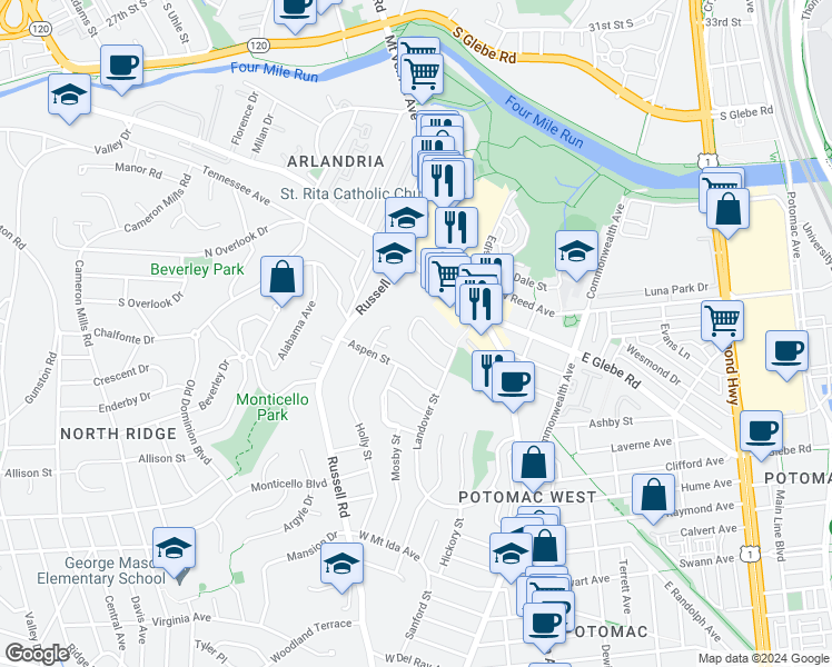 map of restaurants, bars, coffee shops, grocery stores, and more near 239 Burgess Avenue in Alexandria