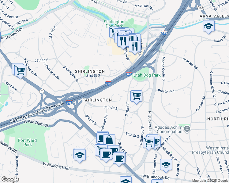 map of restaurants, bars, coffee shops, grocery stores, and more near 3306 South Wakefield Street in Arlington