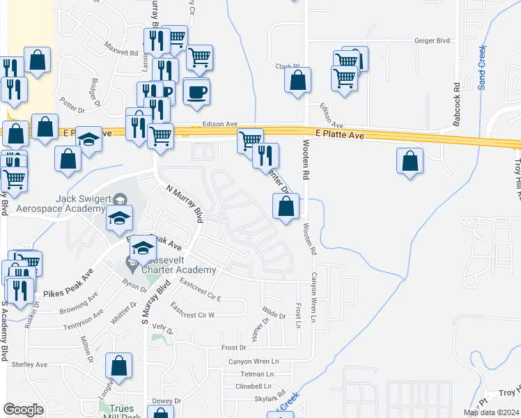 map of restaurants, bars, coffee shops, grocery stores, and more near Alpine Drive in Colorado Springs