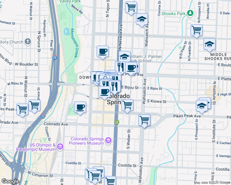 map of restaurants, bars, coffee shops, grocery stores, and more near 219 East Bijou Street in Colorado Springs