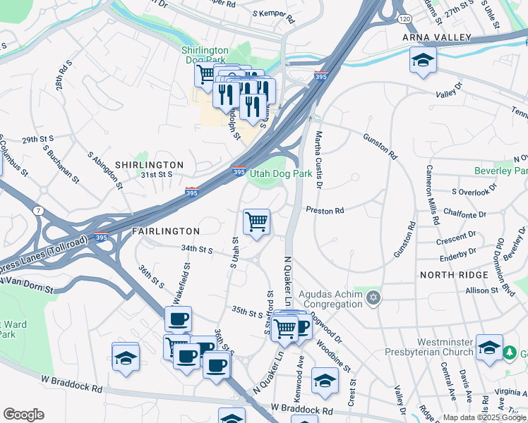 map of restaurants, bars, coffee shops, grocery stores, and more near 4233 32nd Road South in Arlington