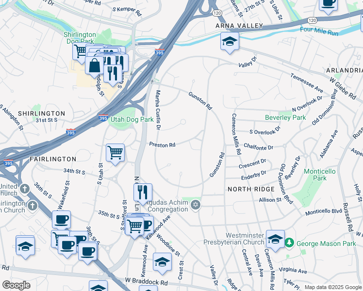 map of restaurants, bars, coffee shops, grocery stores, and more near 1626 Preston Road in Alexandria