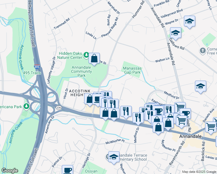 map of restaurants, bars, coffee shops, grocery stores, and more near 4006 Rainbow Glen Court in Annandale